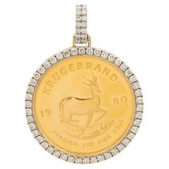 Pendentif sud-africain 1 Oz en or fin de 1980, halo de diamants et or jaune 10 carats