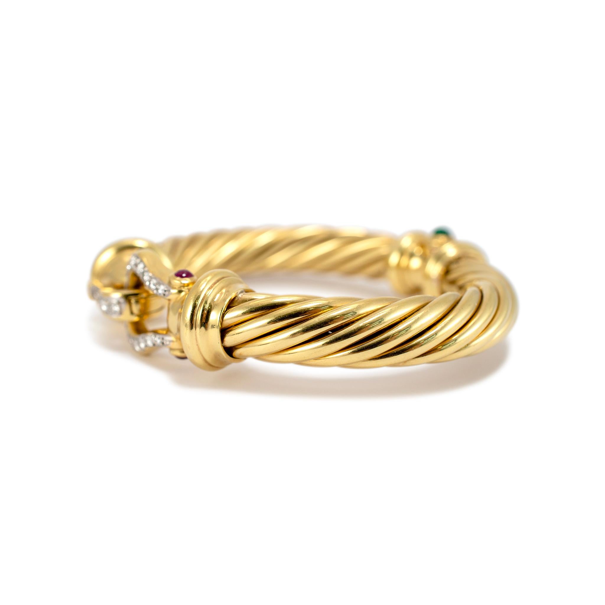 Round Cut David Yurman 18K Yellow Gold Diamond Emerald Ruby Cable Buckle Bangle Bracelet For Sale