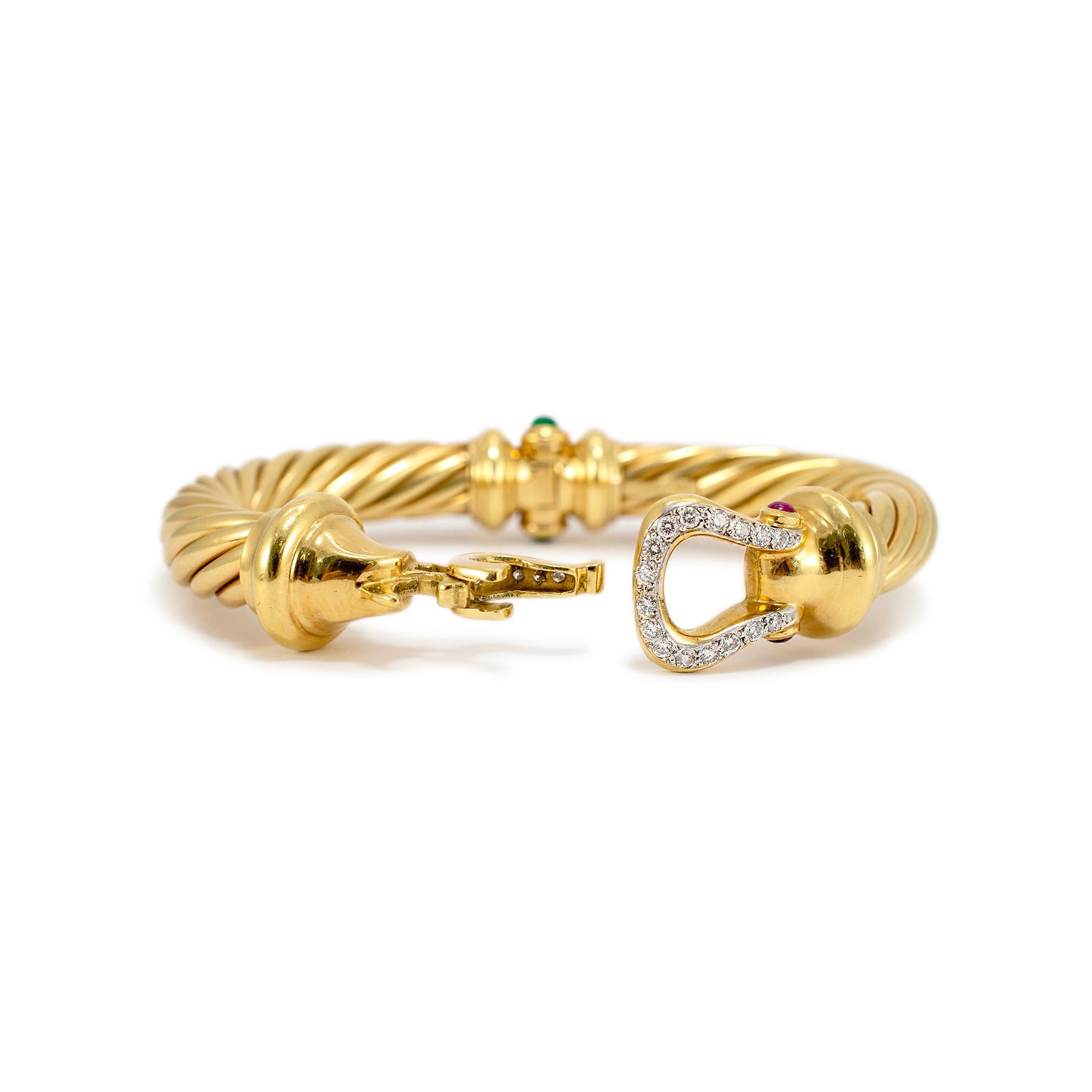 David Yurman 18K Yellow Gold Diamond Emerald Ruby Cable Buckle Bangle Bracelet In Excellent Condition For Sale In Houston, TX