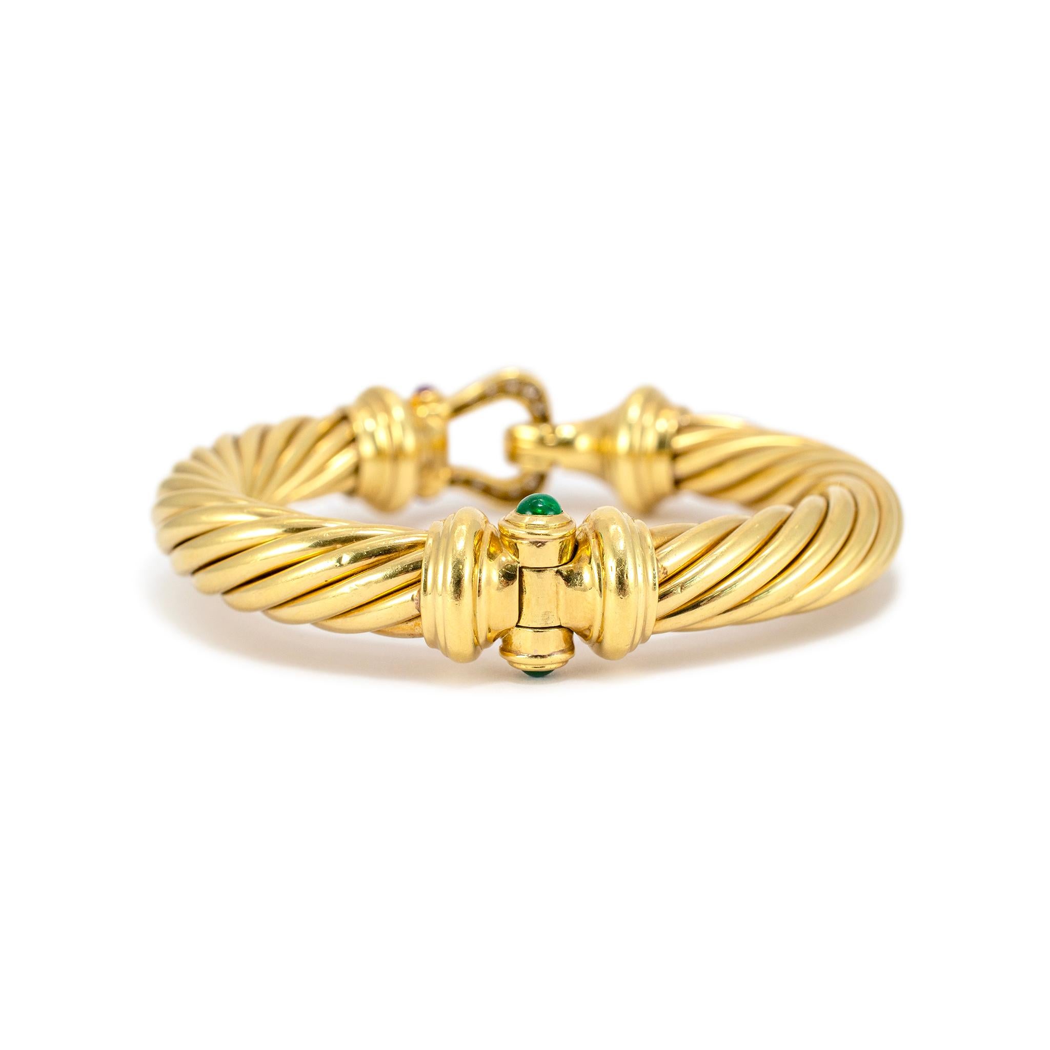 Women's David Yurman 18K Yellow Gold Diamond Emerald Ruby Cable Buckle Bangle Bracelet For Sale