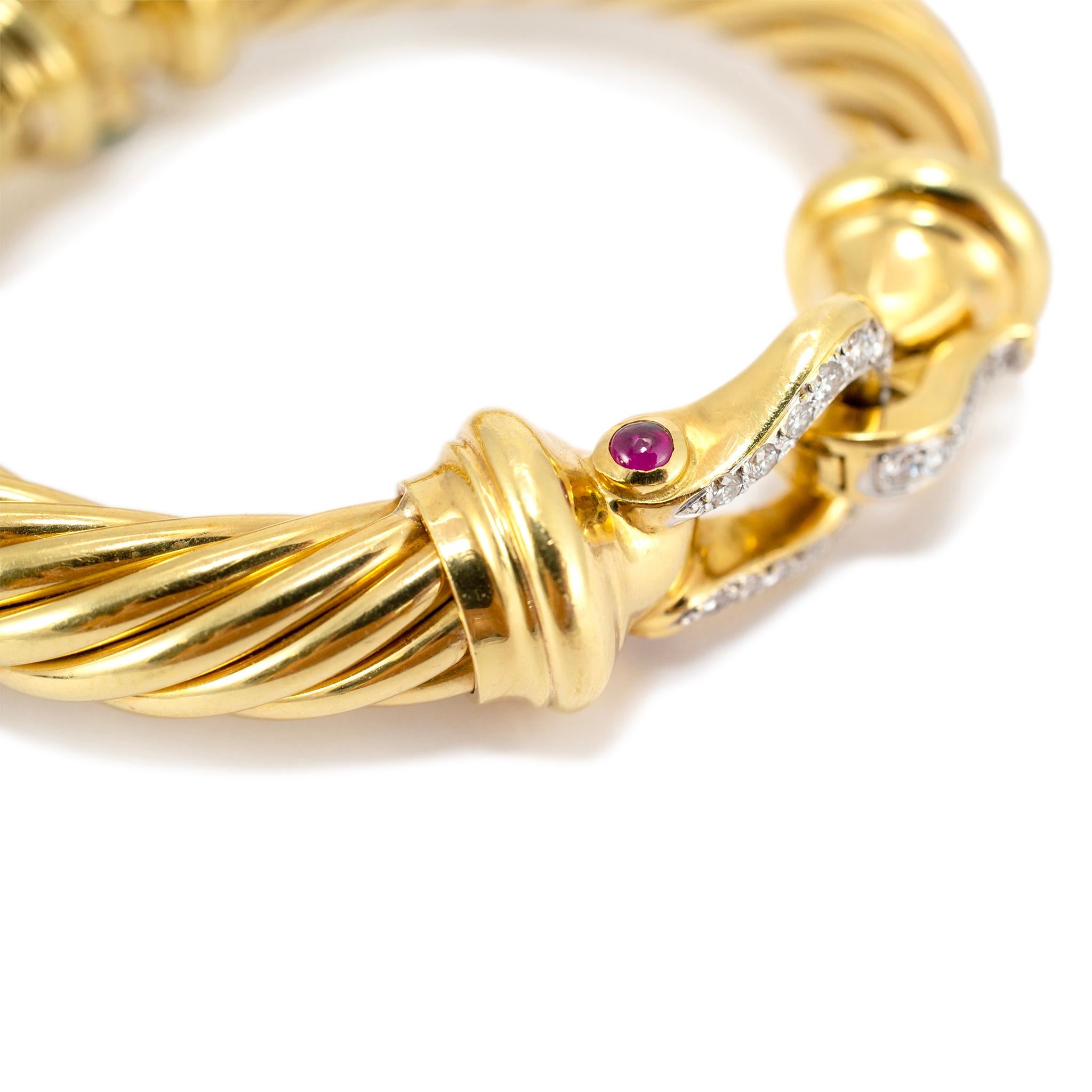 David Yurman 18K Yellow Gold Diamond Emerald Ruby Cable Buckle Bangle Bracelet For Sale 1