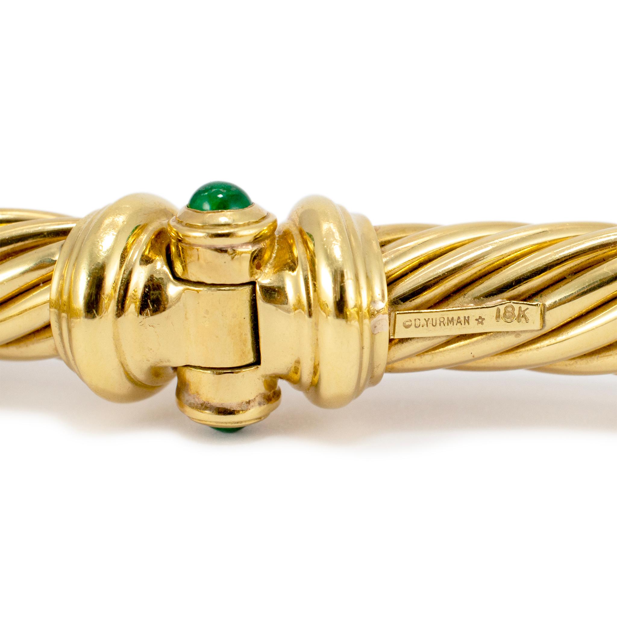 David Yurman 18K Yellow Gold Diamond Emerald Ruby Cable Buckle Bangle Bracelet For Sale 3