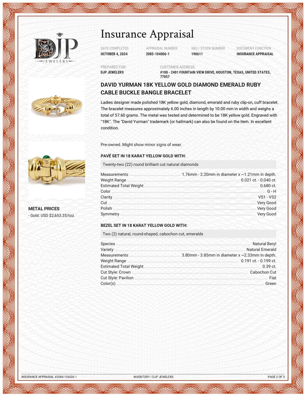 David Yurman 18K Yellow Gold Diamond Emerald Ruby Cable Buckle Bangle Bracelet For Sale 4