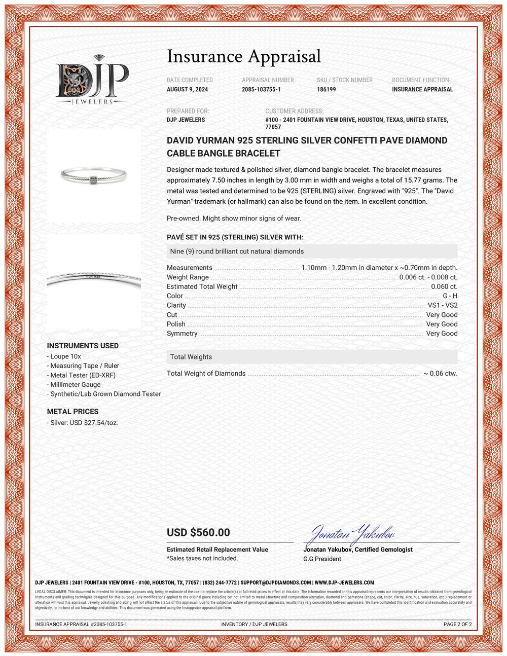 David Yurman, bracelet jonc câble Confetti en argent sterling 925 avec diamants pavés en vente 1