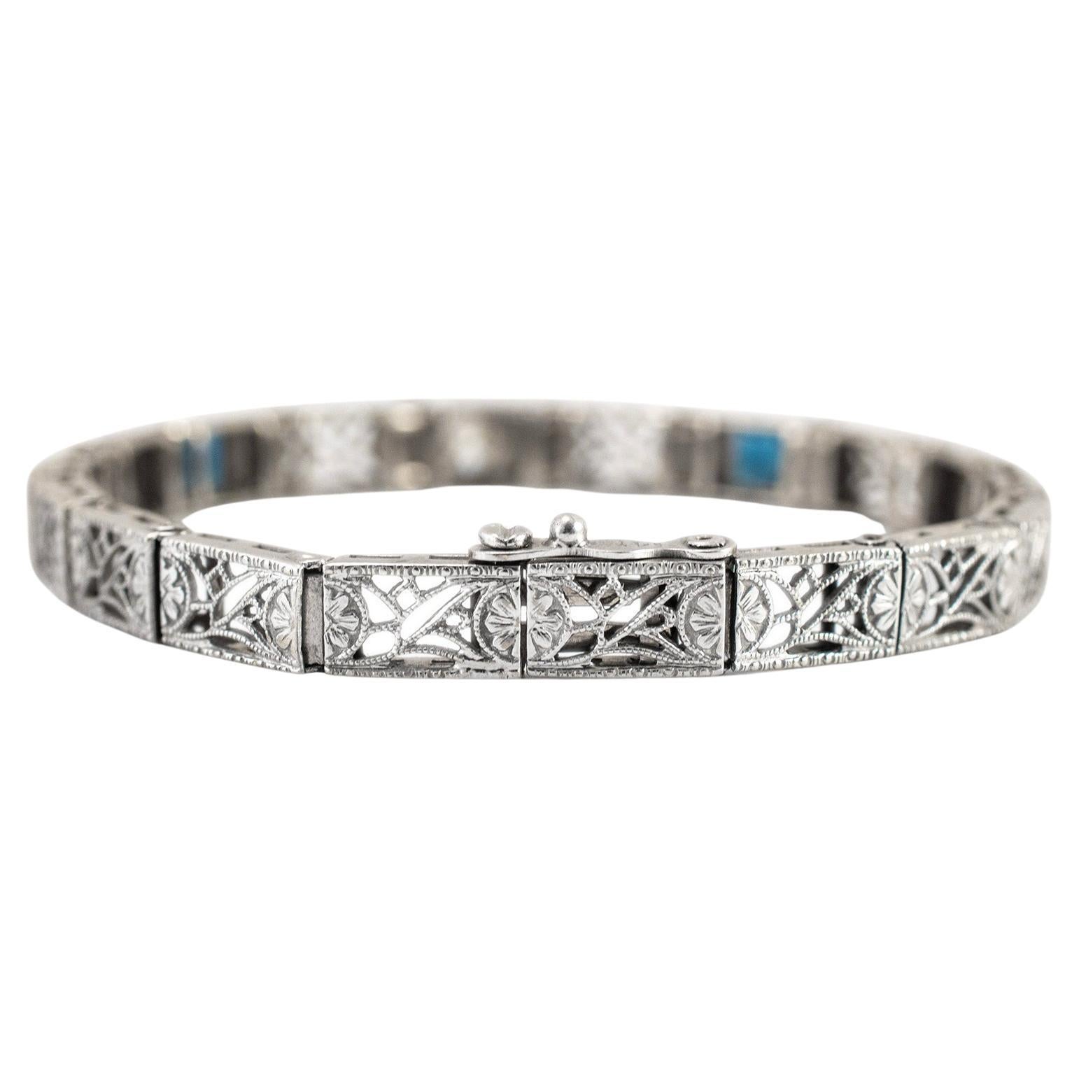 Antique Art Deco 14K White Gold Old European Cut Diamond Sapphire Link Bracelet