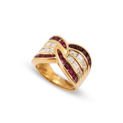 Vintage 18K Yellow Gold 2.63ctw Invisible Ruby Baguette Diamond Crossover Band