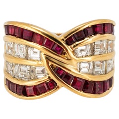 Vintage 18K Yellow Gold 2.63ctw Invisible Ruby Baguette Diamond Crossover Band