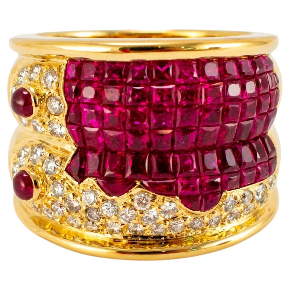 Vintage 18K Yellow Gold 4.16ctw Invisible Set Ruby Diamond Mystery Band Ring For Sale