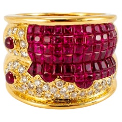 Vintage 18K Yellow Gold 4.16ctw Invisible Set Ruby Diamond Mystery Band Ring