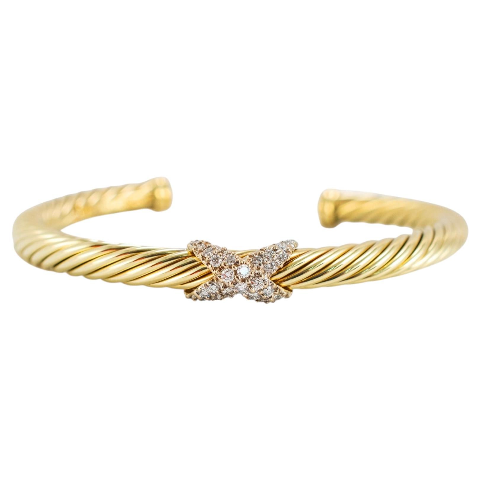 David Yurman Cablespira X 14K Yellow Gold 6MM CT Diamond Cuff Bangle Bracelet