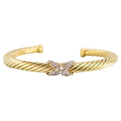 David Yurman Cablespira X 14K Yellow Gold 6MM CT Diamond Cuff Bangle Bracelet