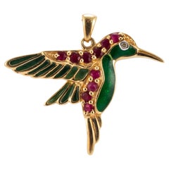 Vintage 14K Yellow Gold Diamond Ruby Green Enamel Hummingbird Drop Pendant