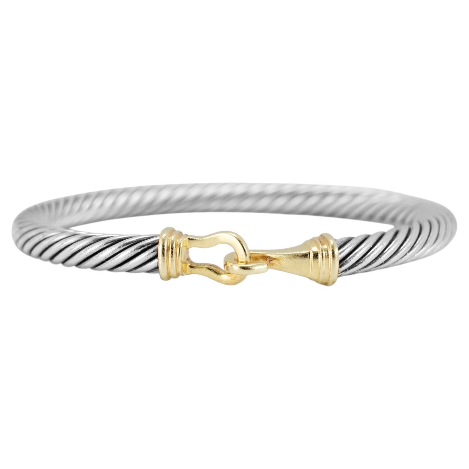 David Yurman 925 Silver 5MM 14K Yellow Gold Buckle Classic Cable Bangle Bracelet For Sale