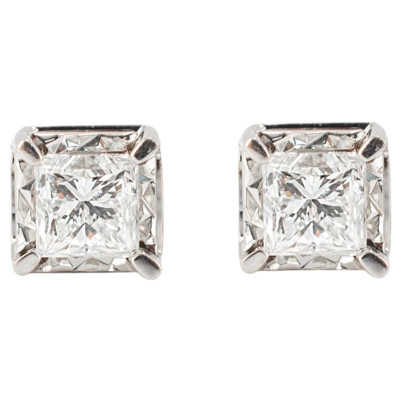 Unisex 14K White Gold 0.80ct. Princess Cut Diamond Sophisticated Stud Earrings
