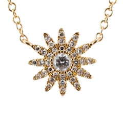 Ladies 14K Yellow Gold 0.23ct Diamond Adjustable Chain Sunburst Pendant Necklace