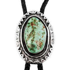 Vintage Sterling Silver Turquoise Black Leather Southwestern Bolo Tie