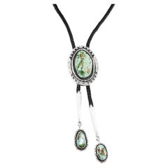 Vintage Sterling Silver Turquoise Black Leather Southwestern Bolo Tie