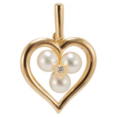 Retired Mikimoto 18K Yellow Gold Pearl Pendant Heart Motif Drop Pendant