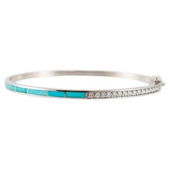 Bracciale rigido da donna in oro bianco 14K con diamanti (1,82 carati in totale) e turchese