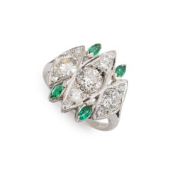 Antique Art Deco Platinum Ctw Old Cut Diamond & Emerald Dinner Cocktail Ring