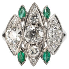 Antique Art Deco Platinum Ctw Old Cut Diamond & Emerald Dinner Cocktail Ring
