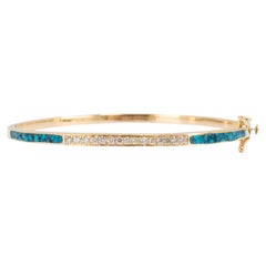 Bracelet jonc à charnière pour femme en or jaune 14 carats, serti de diamants (1,27 carat au total) et de turquoise