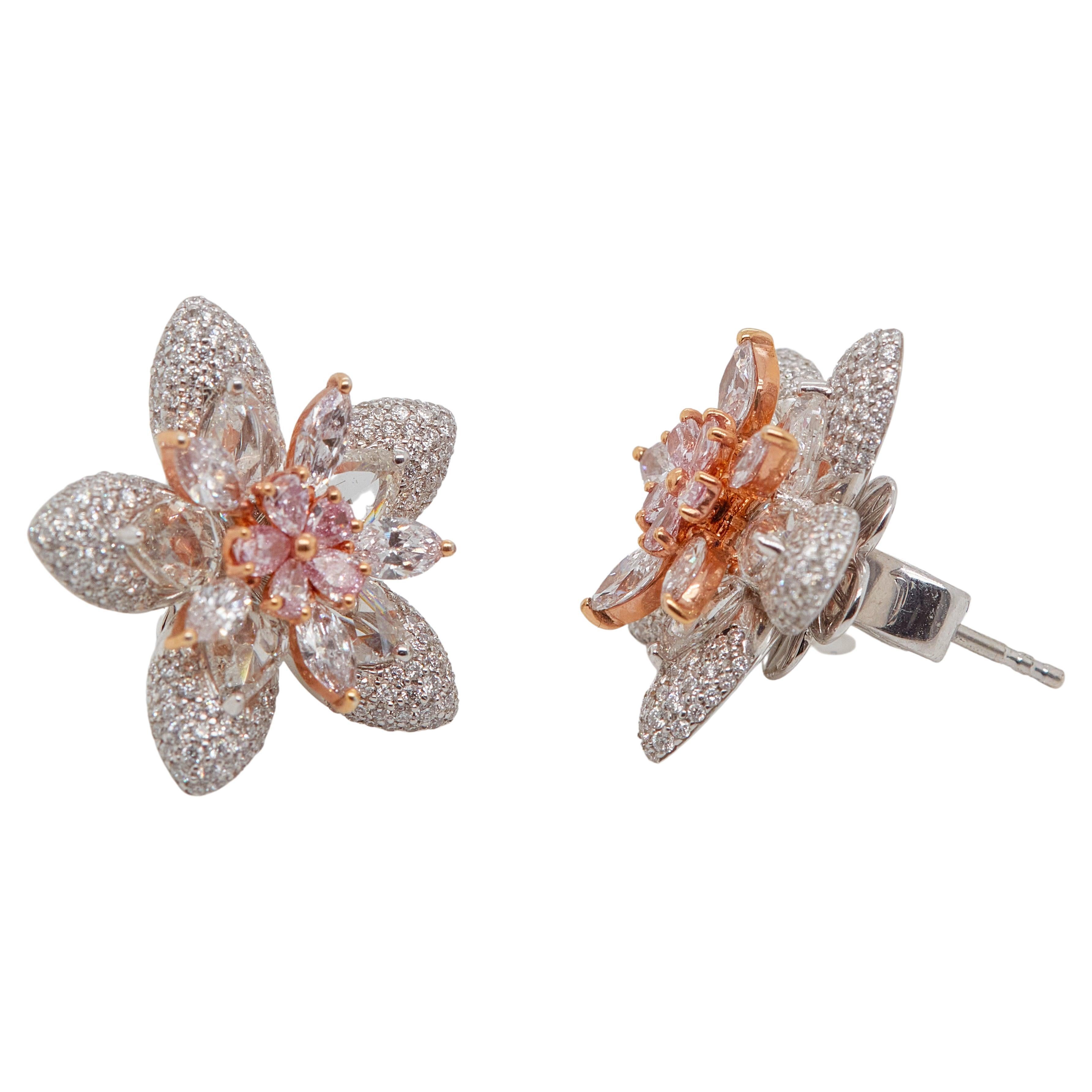 Pink Star Marquise Cut Fancy Pink Diamond Cluster Stud Earrings, 18k Gold For Sale