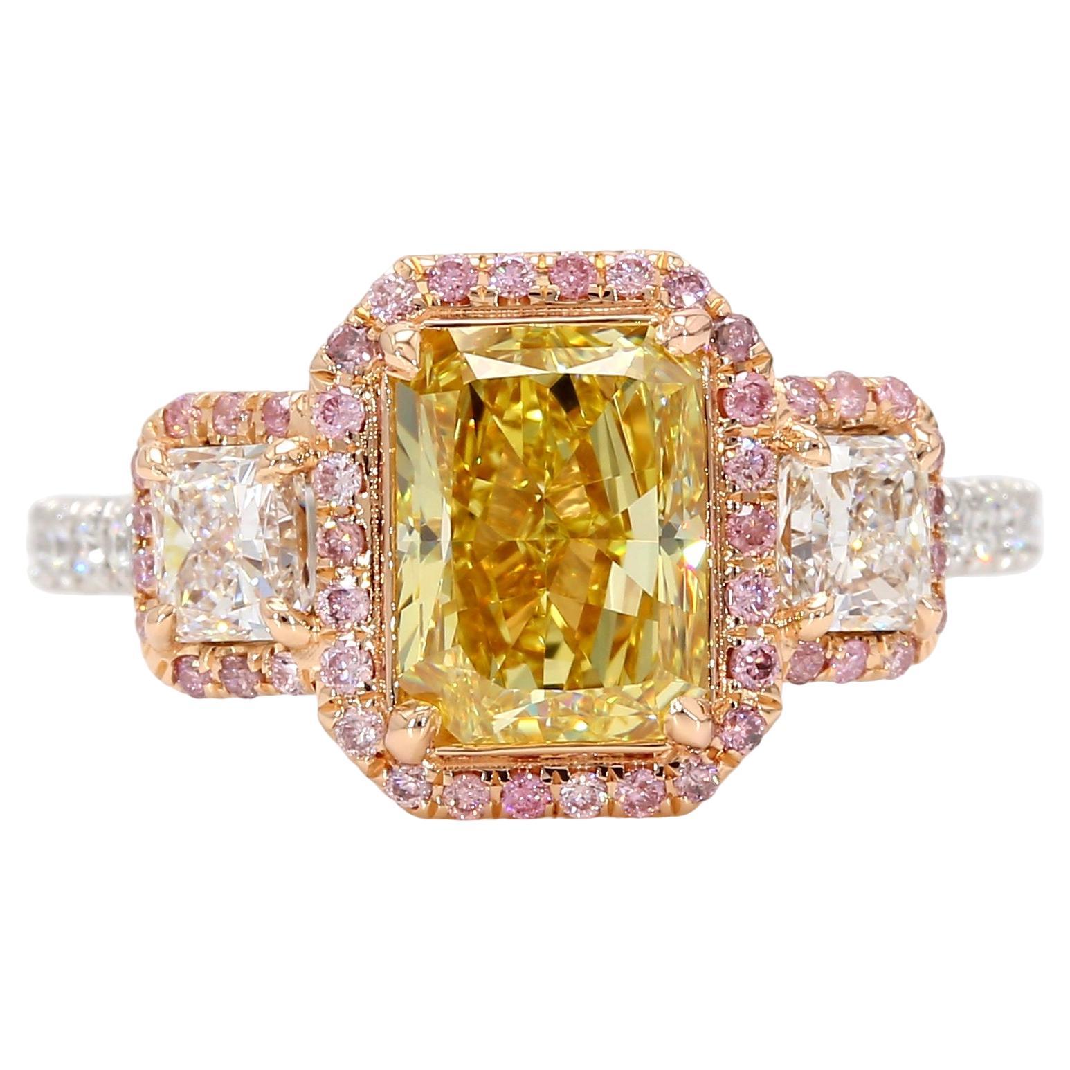 2 Carat Fancy Intense Yellow Diamond 3 Stones Engagement Ring GIA Cert. Platinum For Sale