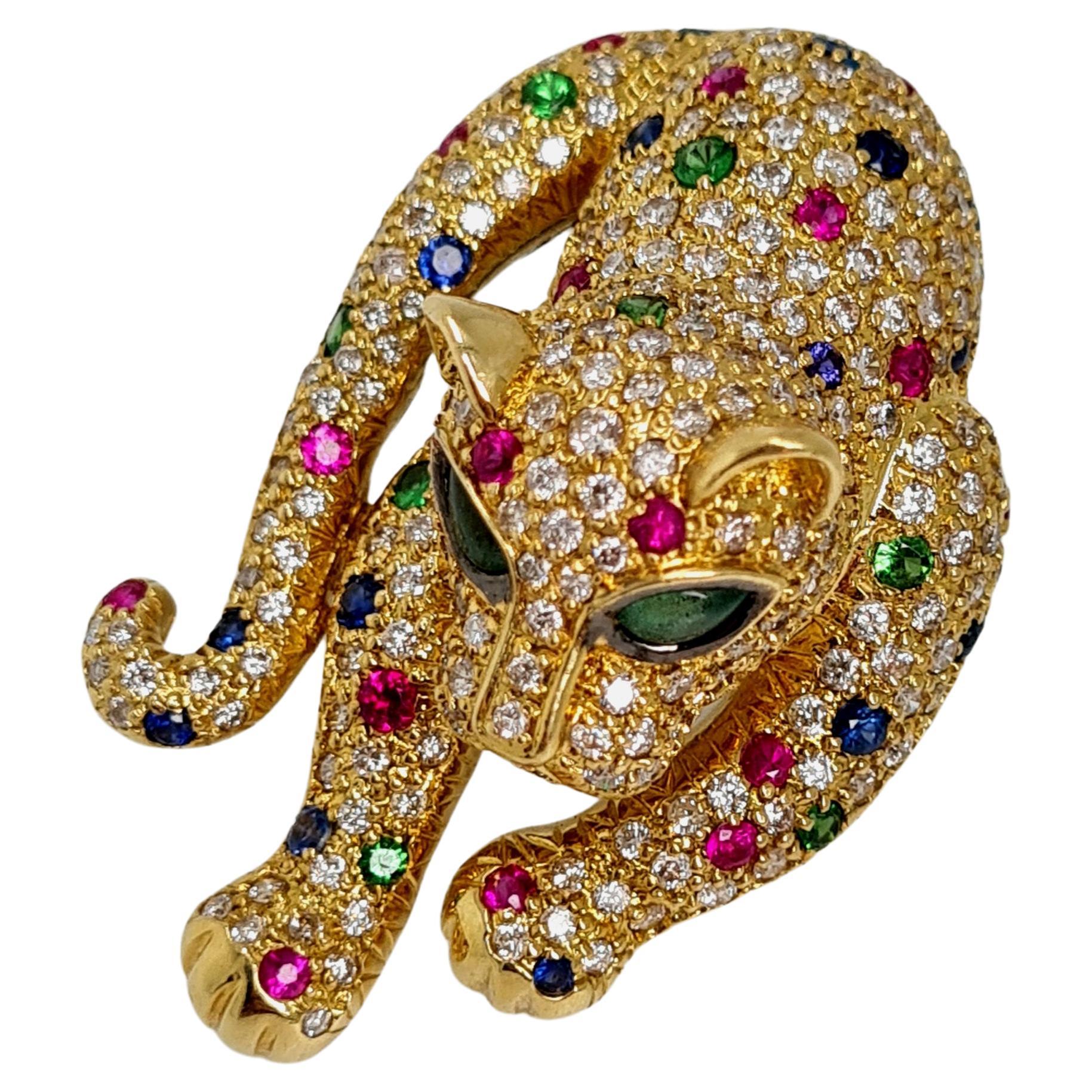 Artist Solid 18k Yellow Gold Diamond, Ruby, Sapphire, and Emerald Pendant For Sale