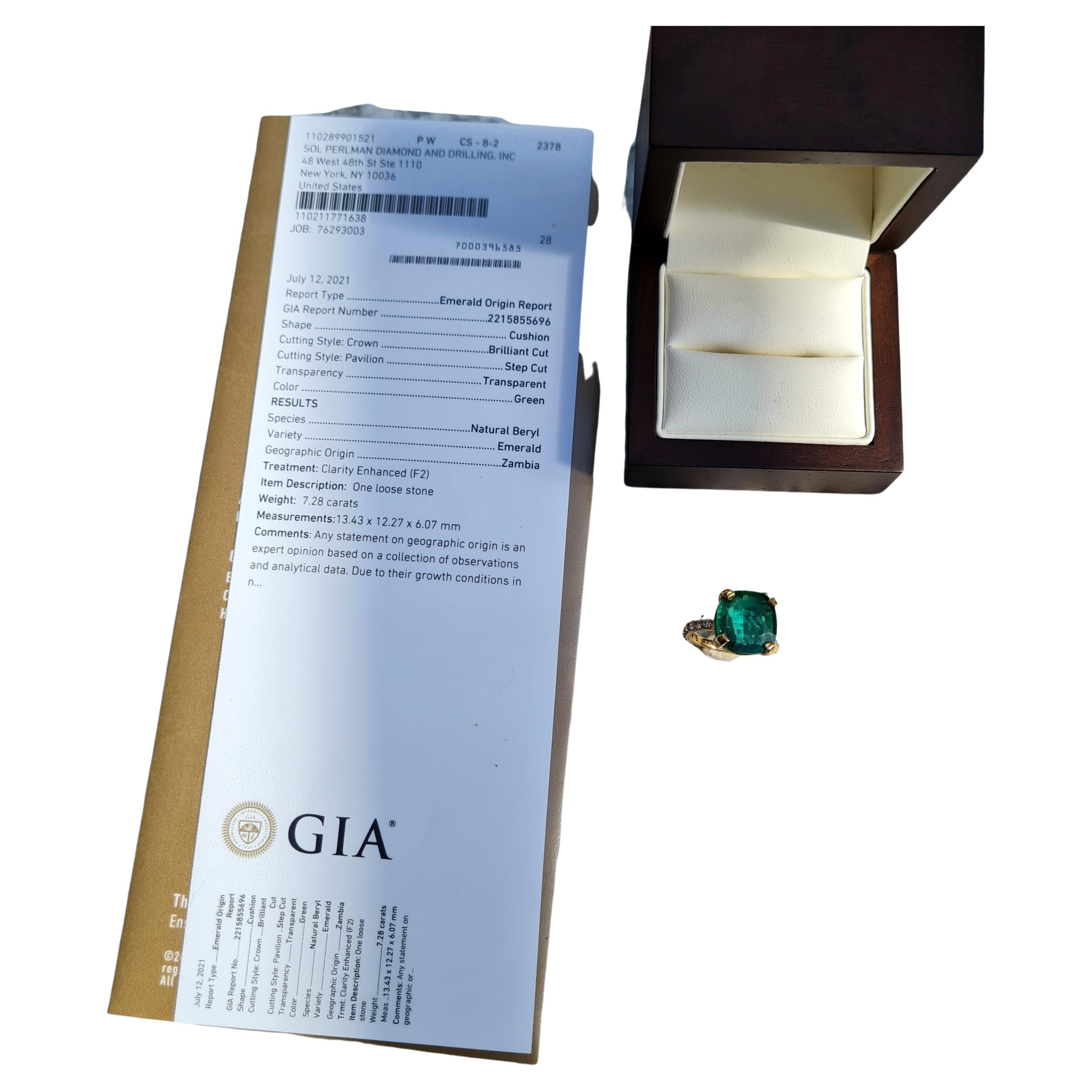 GIA CERTIFIED 7.28 CT Zambian. Measures 13.43 x 12.27 x 6.07 mm. Very bold and rich cushion ring. The ring is solid 14k yellow gold and has diamond accents. This ring exhibits prominence and simplicity at the same time. 