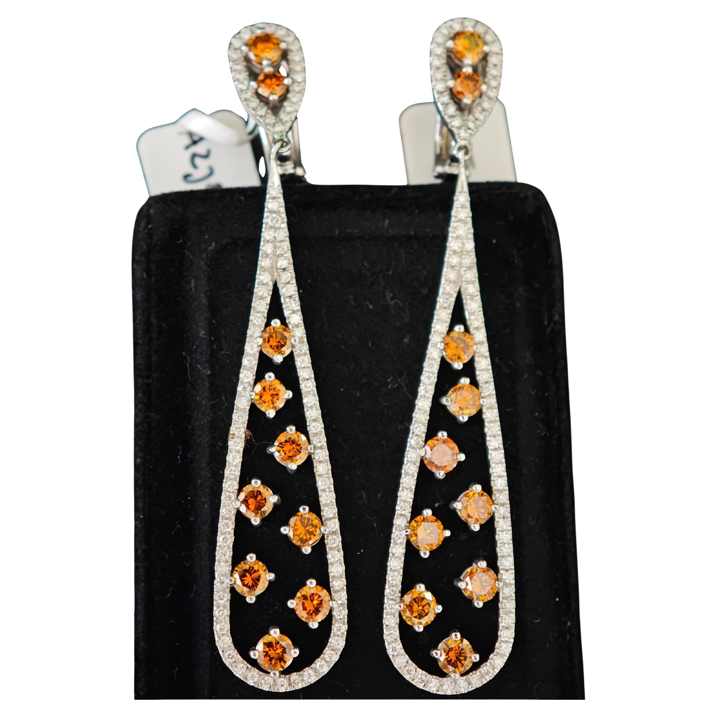 Fancy Orange natural Diamond Drop Earrings  4.69 Carat diamonds  14K whie gold