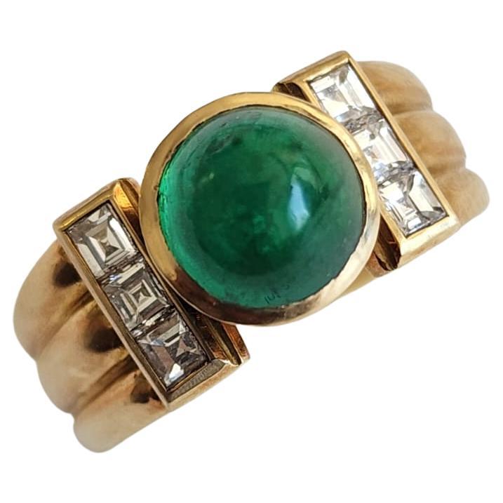 Art Deco 2.30ct Natural Emerald Cabochon, 18KGold Ring 1.20ct natural Diamonds