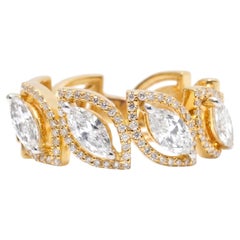 1.78 Carat Marquise Leaf Natural Diamond Halo Eternity Ring, 14k Yellow Gold