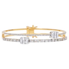 Pulsera tipo brazalete con diamantes naturales en talla baguette y redonda, en oro macizo de 14k (certificada)