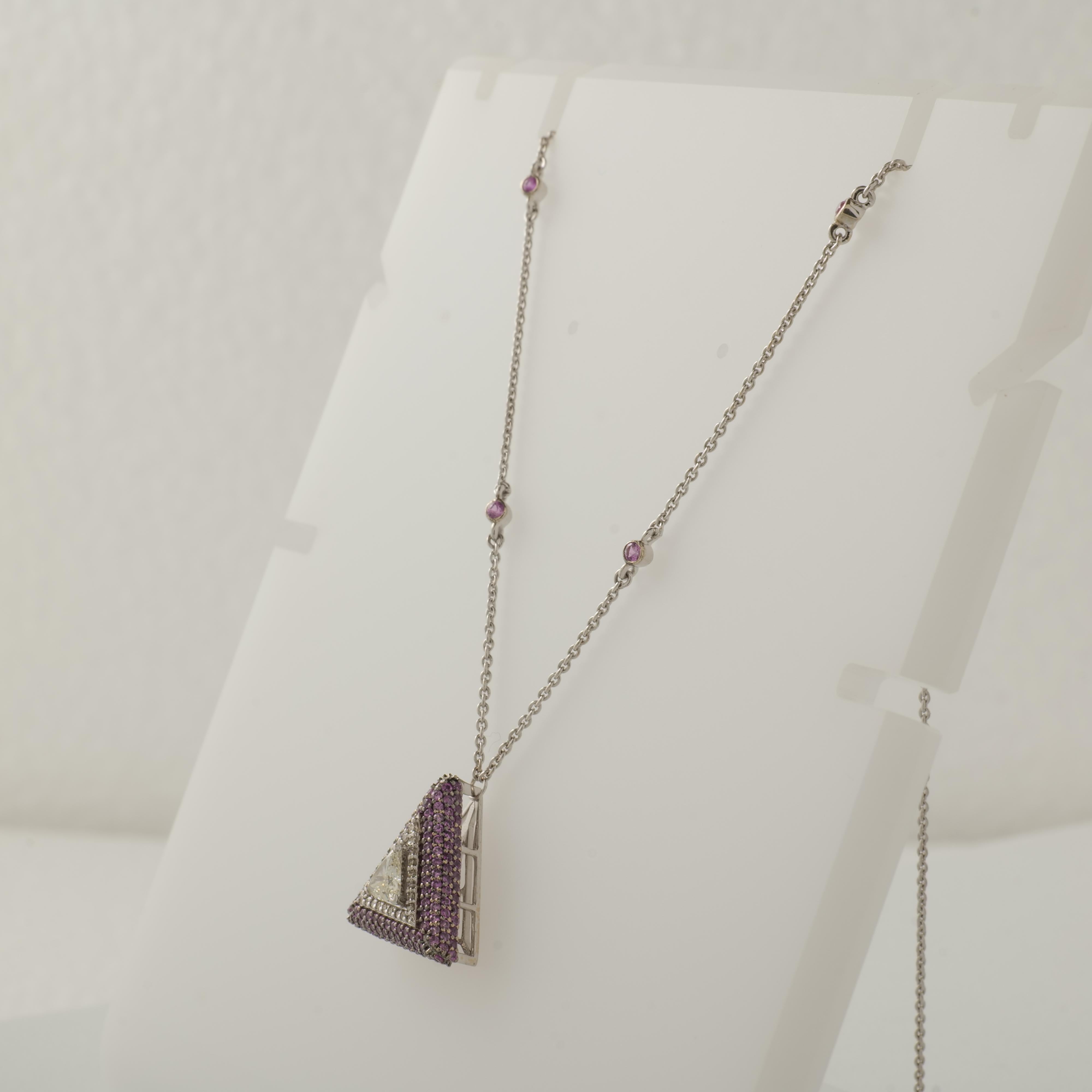 Collana con zaffiro rosa e diamante a triangolo in oro massiccio 14K (certificato) in vendita 2