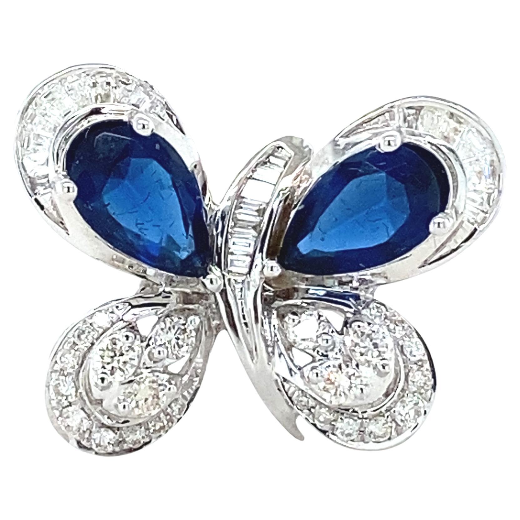 Anello con zaffiro blu e diamante a farfalla in oro massiccio 14 carati (certificato)