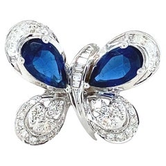 Blue Sapphire Butterfly Diamond Ring in 14K Solid Gold (Certified)