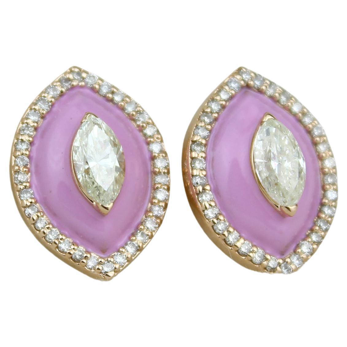 Orecchini con diamante e smaltatura rosa in oro massiccio 14k (certificati) in vendita
