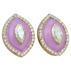 Diamond Stud Earrings with Pink Enameling in 14k Solid Gold (Certified)