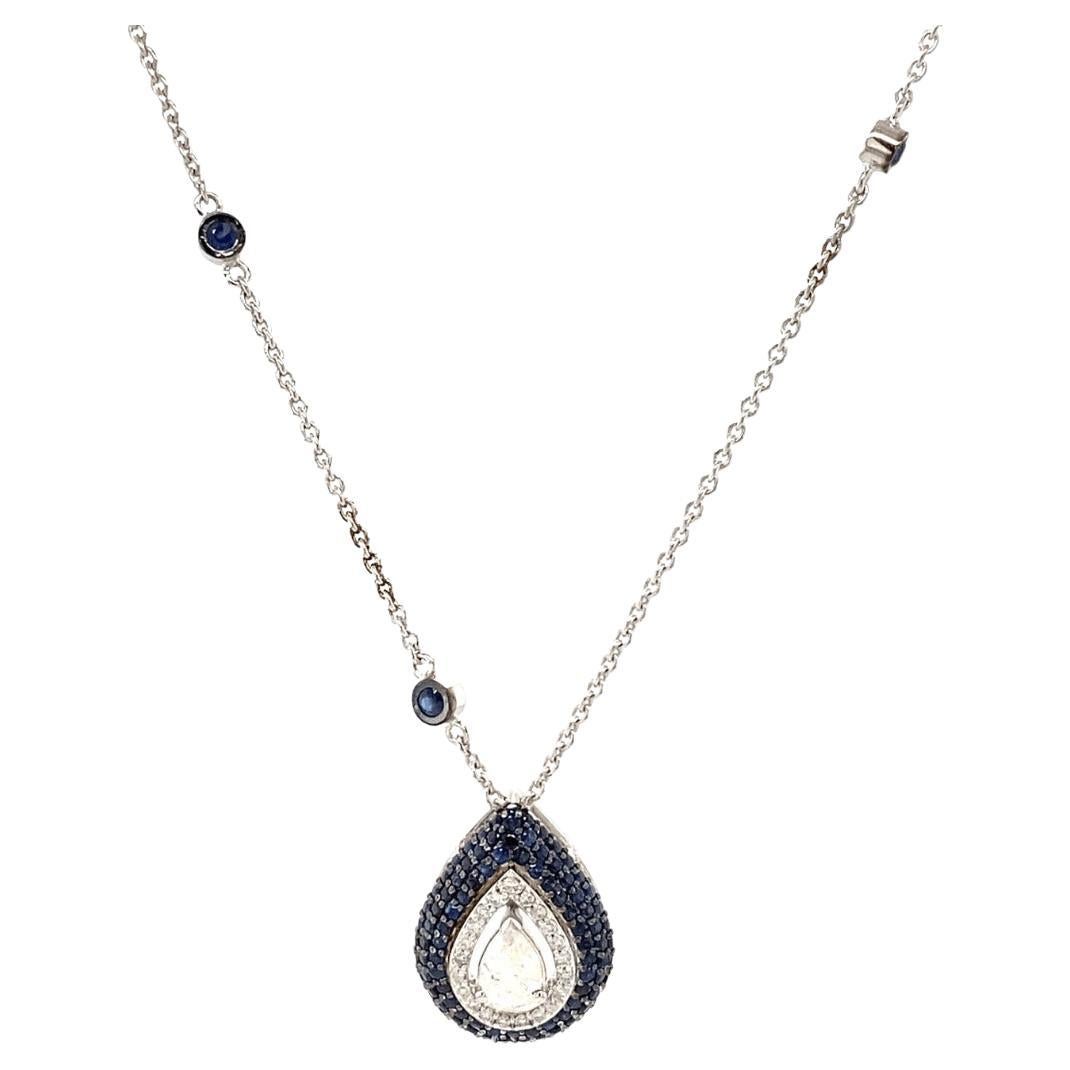 Collier de saphirs bleus en forme de goutte d'eau avec halo de diamants en or massif 14K (certifié)