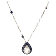 Teardrop Blue Sapphires Halo Diamond Necklace in 14K Solid Gold (Certified)