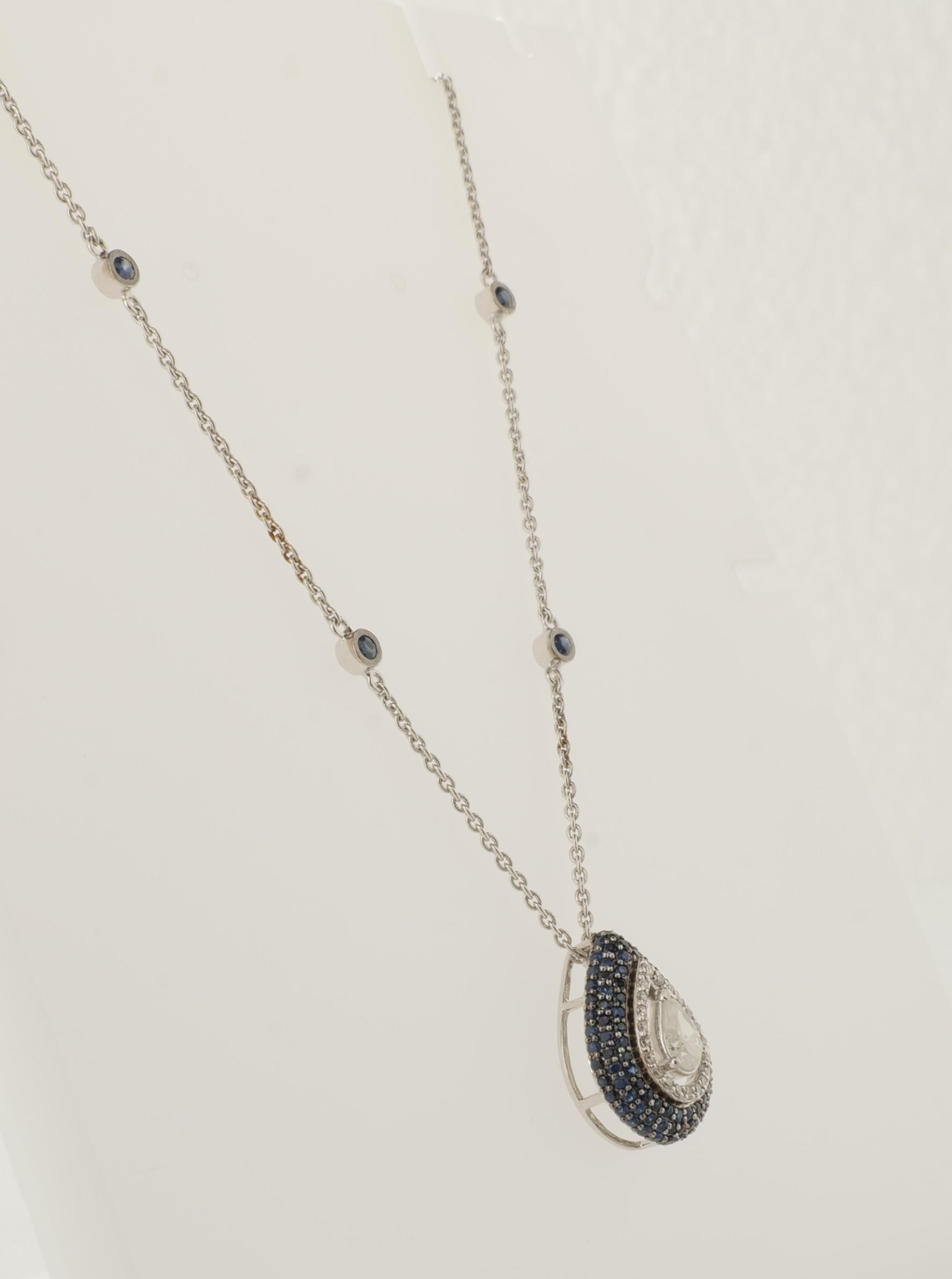 Collier de saphirs bleus en forme de goutte d'eau avec halo de diamants en or massif 14K (certifié) en vente 2