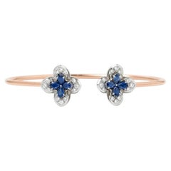 1.46 Carat Floral Natural Sapphire & Diamond Open Cuff Bracelet, 14k Rose Gold