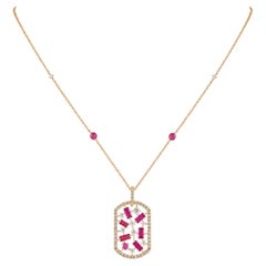 3.08 Carat Rectangle Natural Ruby & Diamond Cluster Necklace, 14k Yellow Gold