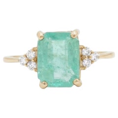 Natural Emerald & Diamond Gemstone Ring in 14k Solid Gold (Certified)