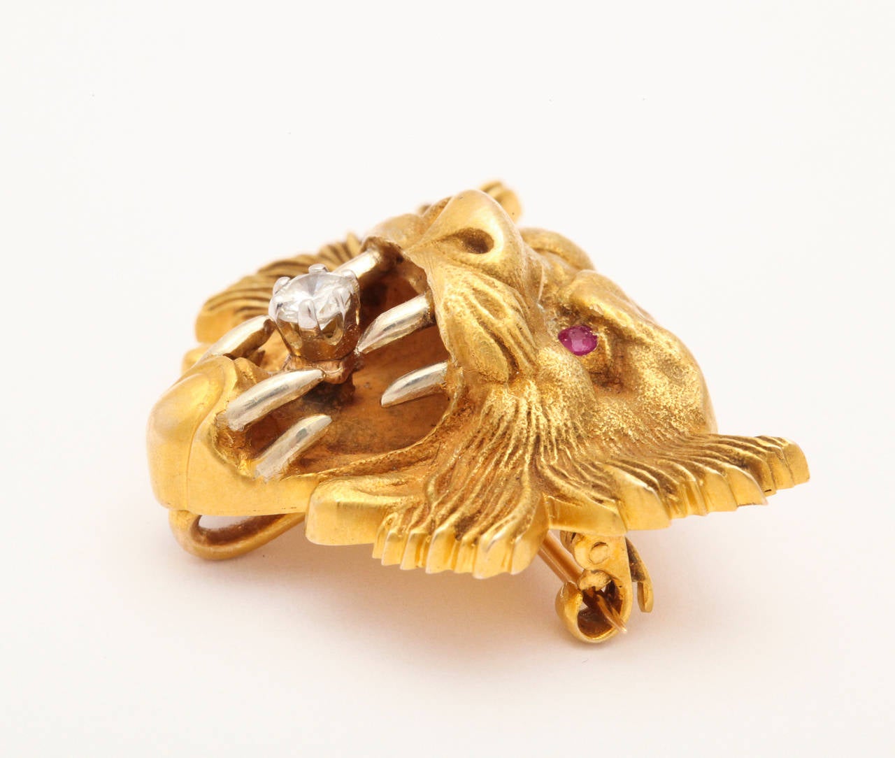 Art Nouveau Diamond Ruby Yellow Gold Lion Brooch 1