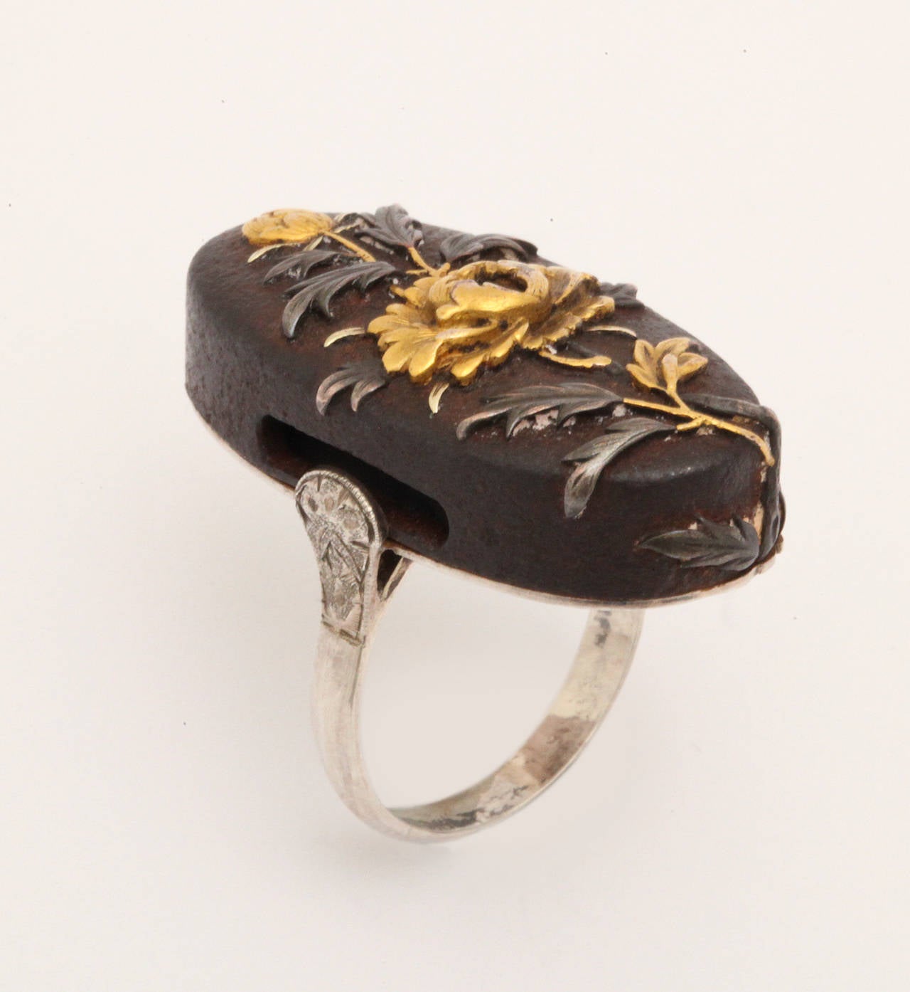 Victorian Art in Full Bloom on a Japanese Shakudo Ring