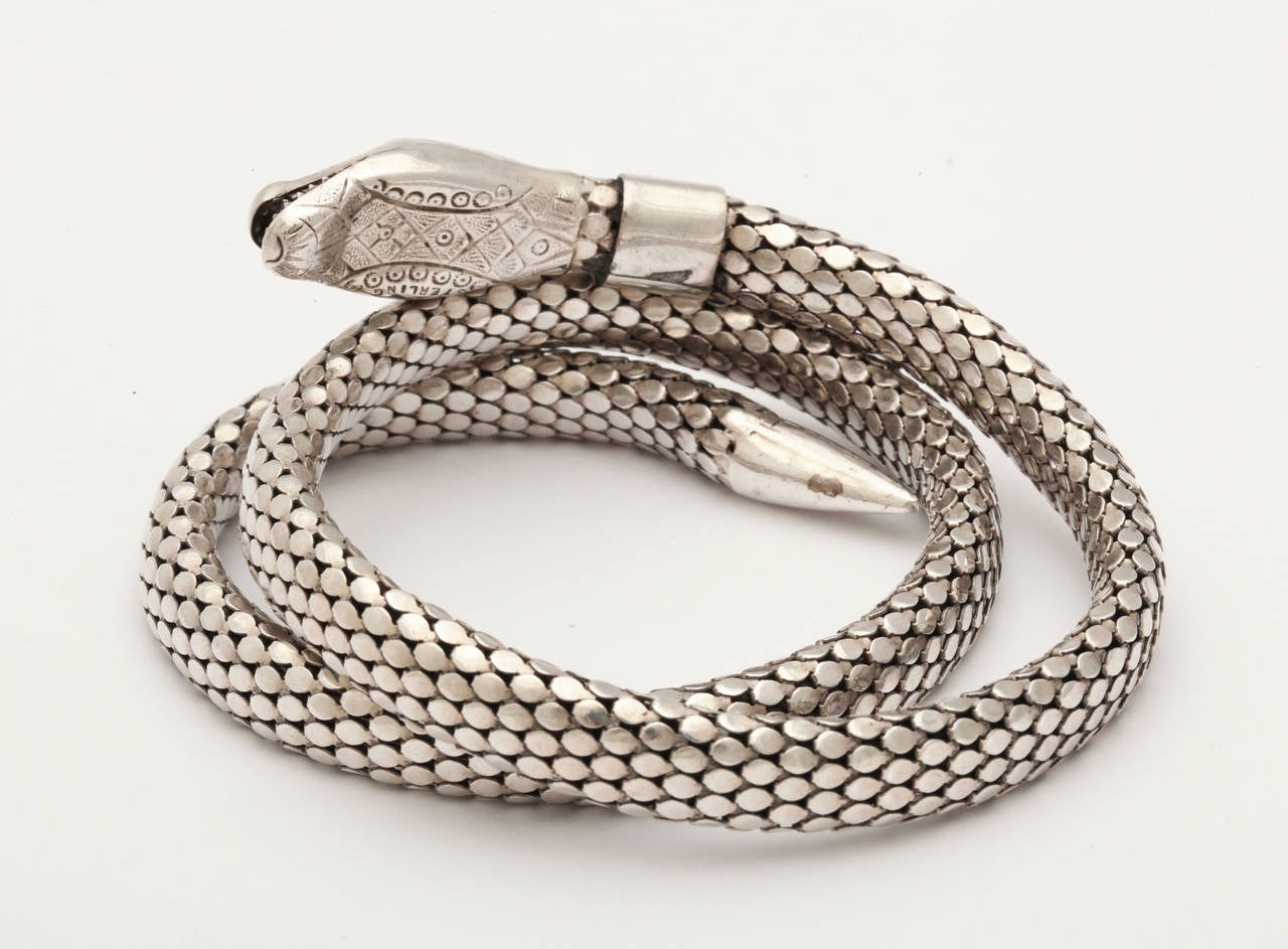 Art Deco Flexible Silver Serpent Bracelet with Ruby Eyes In Excellent Condition In Stamford, CT