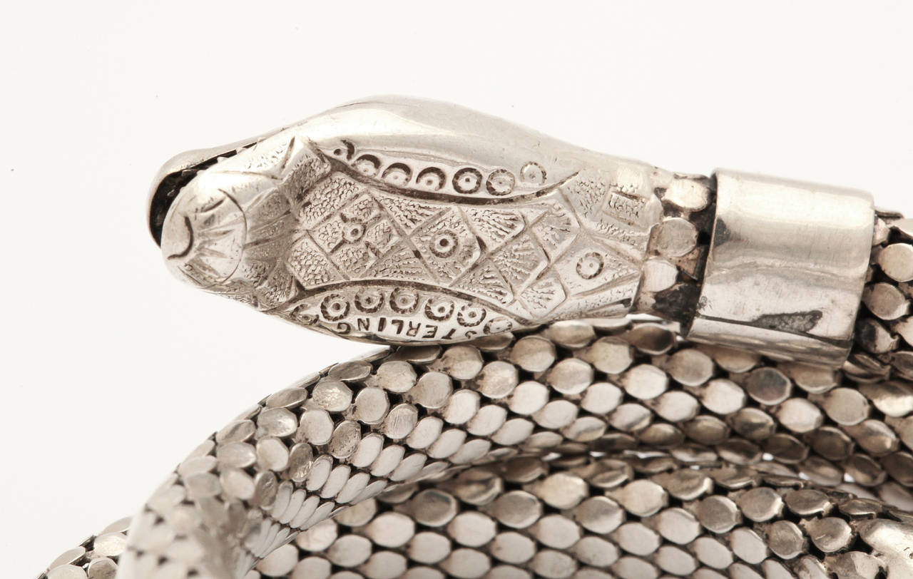 Women's Art Deco Flexible Silver Serpent Bracelet with Ruby Eyes