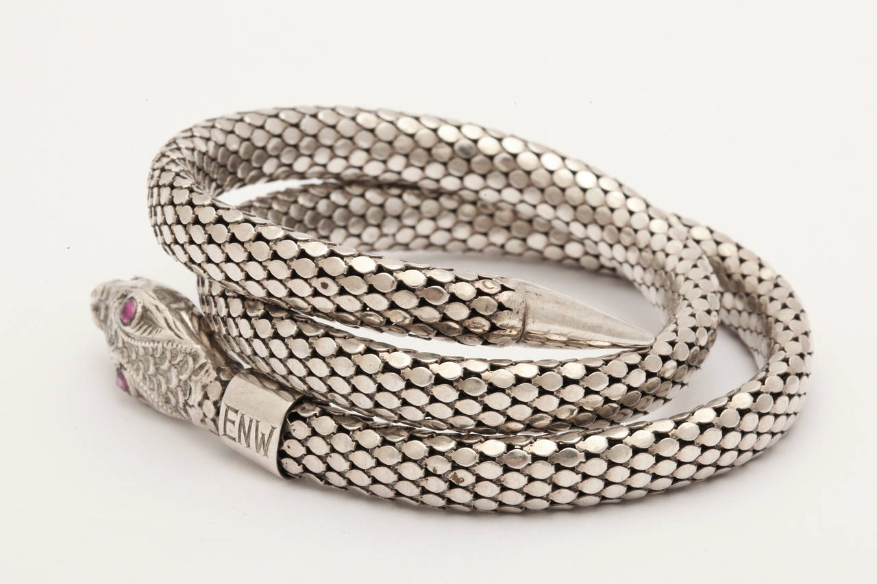Art Deco Flexible Silver Serpent Bracelet with Ruby Eyes 1